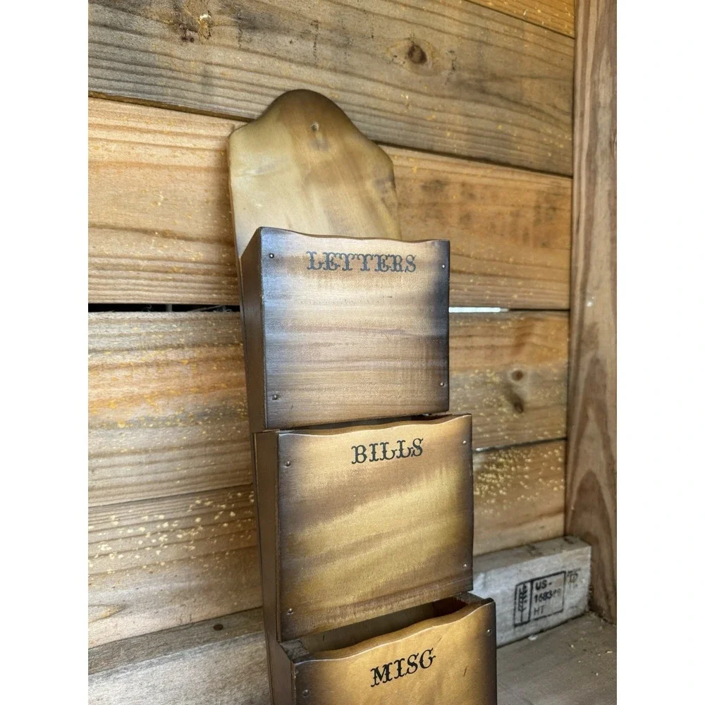 Vintage Wooden Mail Organizer Wall Pockets Letters Bills 3 Slots Holder Japan